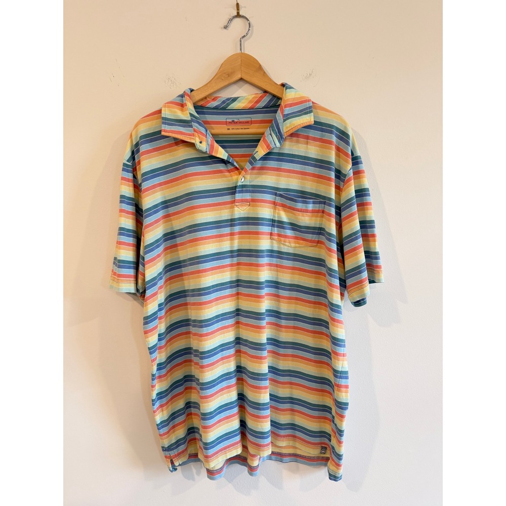 Peter Millar Mens XL Multi Color Rainbow Stripe Cotton Polo Shirt Pocket